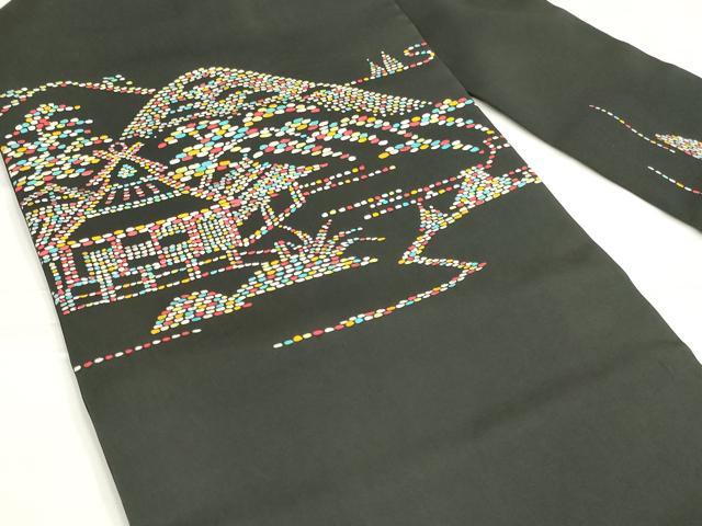 平和屋着物◎塩瀬　九寸名古屋帯　風景文　黒地　正絹　逸品　AABM9192ou