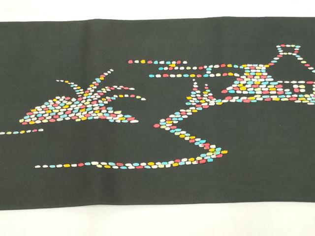 平和屋着物◎塩瀬　九寸名古屋帯　風景文　黒地　正絹　逸品　AABM9192ou