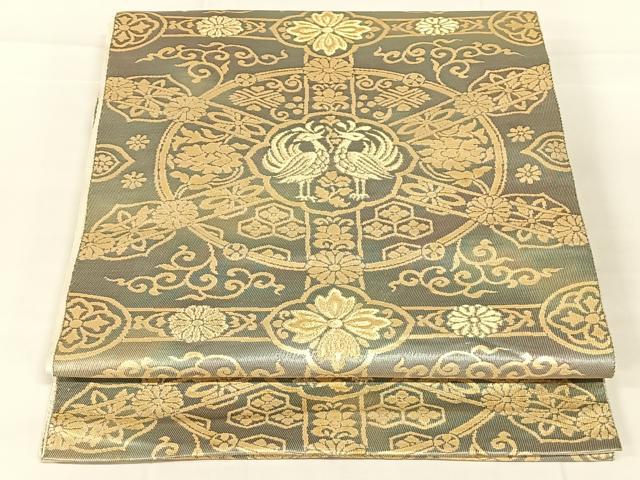 平和屋着物◎六通柄袋帯　向かい鳥花丸文　金糸　引箔　正絹　逸品　AABM9205dk