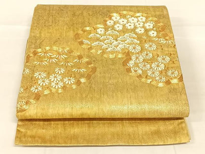 平和屋着物◎太鼓柄袋帯　駒刺繍　雲取り松竹梅花文　金糸　正絹　逸品　AABM9213dk