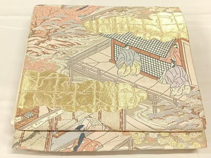 平和屋着物◎六通柄袋帯　人物風景文　金糸　正絹　逸品　AABM9218dk