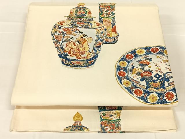 平和屋着物◎六通柄袋帯　唐織　陶器文　正絹　逸品　AABM9230dk