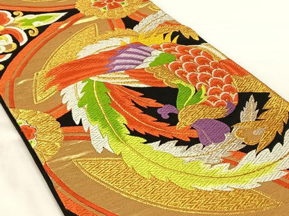 平和屋着物◎六通柄袋帯　唐織　七宝鳳凰文　黒地　金銀糸　正絹　逸品　AABM9233dk