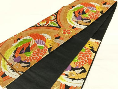 平和屋着物◎六通柄袋帯　唐織　七宝鳳凰文　黒地　金銀糸　正絹　逸品　AABM9233dk
