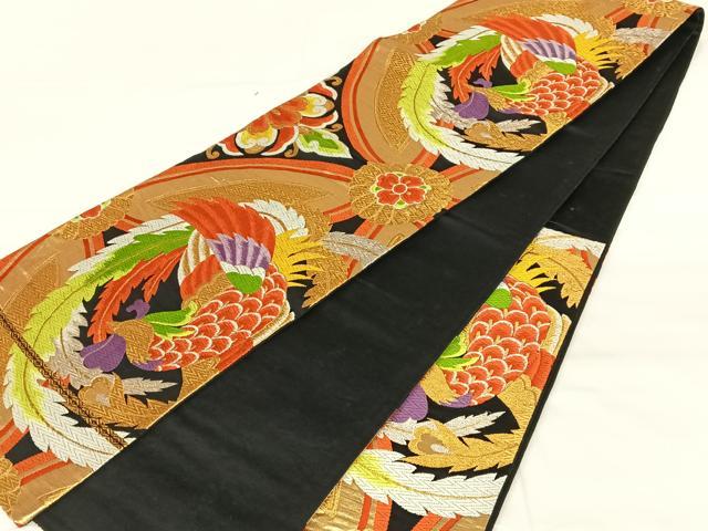 平和屋着物◎六通柄袋帯　唐織　七宝鳳凰文　黒地　金銀糸　正絹　逸品　AABM9233dk