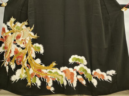 平和屋着物■豪華黒留袖　刺繍　鳳凰枝松文　金糸　金彩　正絹　逸品　AABM9334st