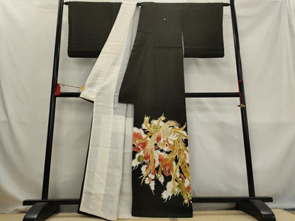 平和屋着物■豪華黒留袖　刺繍　鳳凰枝松文　金糸　金彩　正絹　逸品　AABM9334st