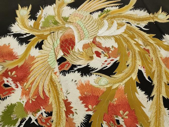 平和屋着物■豪華黒留袖　刺繍　鳳凰枝松文　金糸　金彩　正絹　逸品　AABM9334st