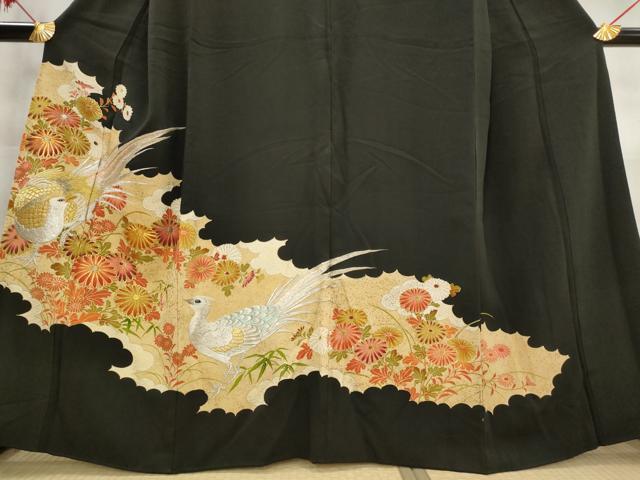 平和屋着物■豪華黒留袖　駒刺繍　草花文　雉　金銀糸　金彩　正絹　逸品　AABM9342st