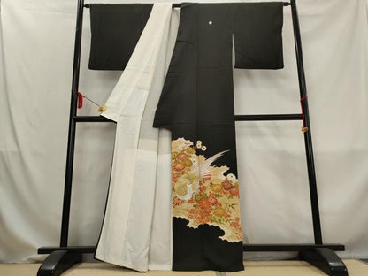 平和屋着物■豪華黒留袖　駒刺繍　草花文　雉　金銀糸　金彩　正絹　逸品　AABM9342st