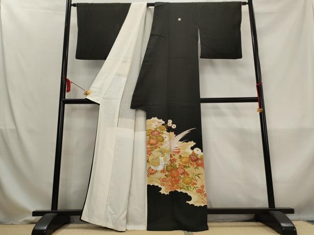 平和屋着物■豪華黒留袖　駒刺繍　草花文　雉　金銀糸　金彩　正絹　逸品　AABM9342st