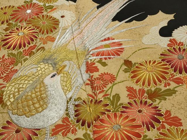 平和屋着物■豪華黒留袖　駒刺繍　草花文　雉　金銀糸　金彩　正絹　逸品　AABM9342st