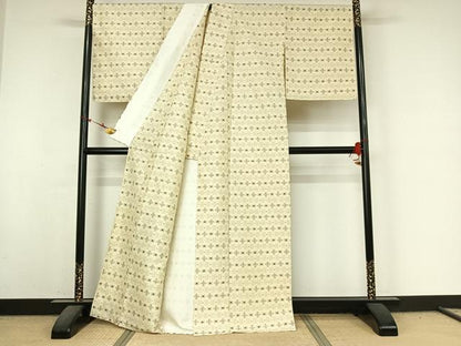 平和屋着物▽上質な紬　単衣　幾何学文様　正絹　逸品　AABM9530jh