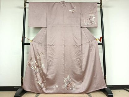 平和屋着物▽訪問着　単衣　草花文　金彩　正絹　逸品　AABM9538jh