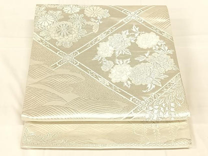平和屋着物◎六通柄袋帯　唐織　美保姿　立波花菱文　銀糸　正絹　逸品　AABM9769dk