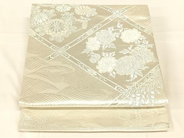 平和屋着物◎六通柄袋帯　唐織　美保姿　立波花菱文　銀糸　正絹　逸品　AABM9769dk
