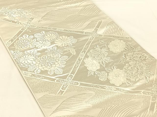 平和屋着物◎六通柄袋帯　唐織　美保姿　立波花菱文　銀糸　正絹　逸品　AABM9769dk