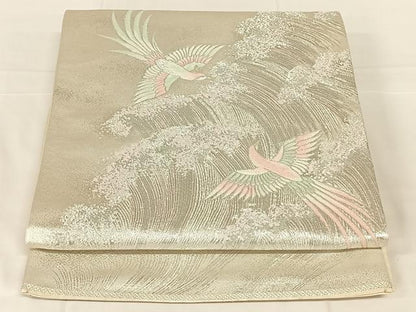 平和屋着物◎六通柄袋帯　唐織　立波鳳凰文　銀糸　正絹　逸品　AABM9773dk