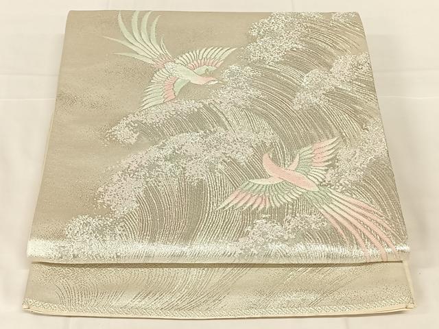 平和屋着物◎六通柄袋帯　唐織　立波鳳凰文　銀糸　正絹　逸品　AABM9773dk