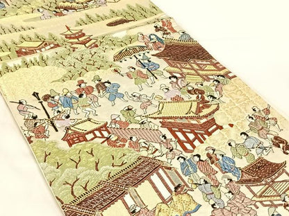 平和屋着物◎西陣　六通柄袋帯　唐織　人物風景文　金糸　正絹　逸品　AABM9781dk