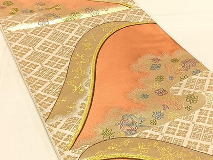 平和屋着物◎六通柄袋帯　花菱文　金糸　正絹　逸品　AABM9782dk
