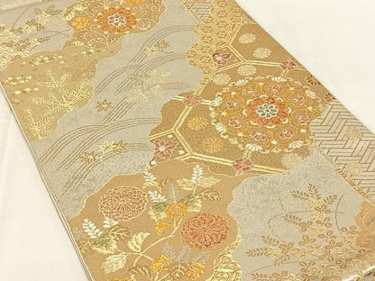 平和屋着物◎六通柄袋帯　正倉院花文　金銀糸　正絹　逸品　AABM9786dk