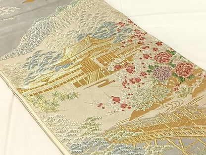 平和屋着物◎六通柄袋帯　唐織　渡橋風景文　金糸　正絹　逸品　AABM9795dk
