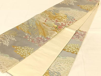 平和屋着物◎六通柄袋帯　唐織　渡橋風景文　金糸　正絹　逸品　AABM9795dk