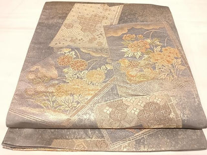 平和屋着物◎六通柄袋帯　色紙重ね鴛鴦草花文　金糸　引箔　正絹　逸品　AABM9801yx