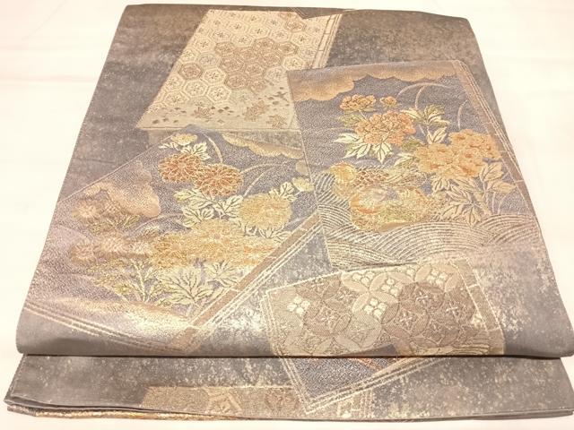 平和屋着物◎六通柄袋帯　色紙重ね鴛鴦草花文　金糸　引箔　正絹　逸品　AABM9801yx