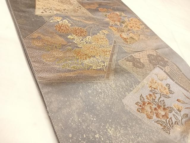 平和屋着物◎六通柄袋帯　色紙重ね鴛鴦草花文　金糸　引箔　正絹　逸品　AABM9801yx