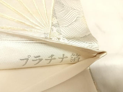 平和屋着物◎太鼓柄袋帯　唐織　扇面取り三十六歌仙図　プラチナ箔　正絹　逸品　AABM9810yx