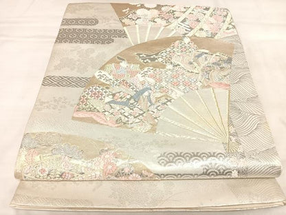 平和屋着物◎太鼓柄袋帯　唐織　扇面取り三十六歌仙図　プラチナ箔　正絹　逸品　AABM9810yx