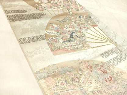 平和屋着物◎太鼓柄袋帯　唐織　扇面取り三十六歌仙図　プラチナ箔　正絹　逸品　AABM9810yx