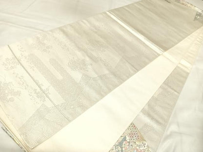 平和屋着物◎太鼓柄袋帯　唐織　扇面取り三十六歌仙図　プラチナ箔　正絹　逸品　AABM9810yx
