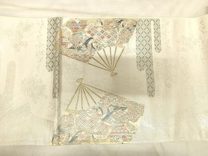平和屋着物◎太鼓柄袋帯　唐織　扇面取り三十六歌仙図　プラチナ箔　正絹　逸品　AABM9810yx