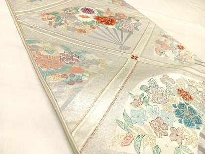 平和屋着物◎六通柄袋帯　唐織　扇面佐賀良　金銀糸　正絹　逸品　AABM9812yx