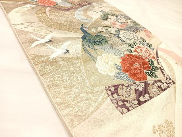 平和屋着物◎六通柄袋帯　唐織　流水扇寿花鳥文　九百錦　金糸　正絹　逸品　AABM9814yx