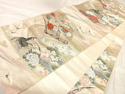 平和屋着物◎六通柄袋帯　唐織　流水扇寿花鳥文　九百錦　金糸　正絹　逸品　AABM9814yx