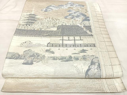 平和屋着物◎六通柄袋帯　唐織　石庭文様　銀糸　正絹　逸品　AABM9816yx