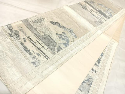 平和屋着物◎六通柄袋帯　唐織　石庭文様　銀糸　正絹　逸品　AABM9816yx