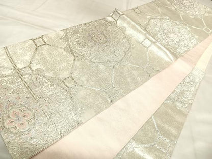 平和屋着物◎六通柄袋帯　唐織　吉祥鏡裏華文　銀糸　正絹　逸品　AABM9819yx