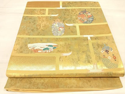 平和屋着物◎西陣　高島織物　太鼓柄袋帯　唐織　横段陶器文　本漆箔金　正絹　逸品　AABM9830yx
