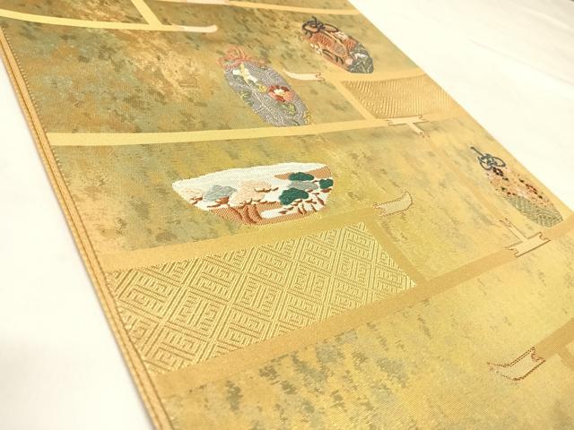 平和屋着物◎西陣　高島織物　太鼓柄袋帯　唐織　横段陶器文　本漆箔金　正絹　逸品　AABM9830yx