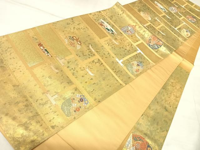 平和屋着物◎西陣　高島織物　太鼓柄袋帯　唐織　横段陶器文　本漆箔金　正絹　逸品　AABM9830yx