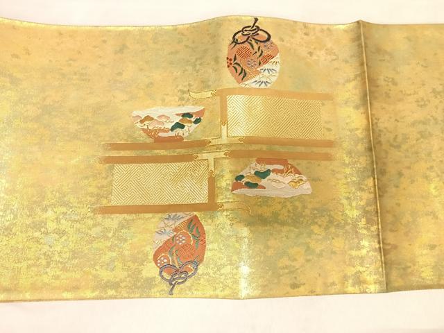 平和屋着物◎西陣　高島織物　太鼓柄袋帯　唐織　横段陶器文　本漆箔金　正絹　逸品　AABM9830yx