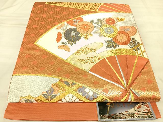 平和屋着物◎西陣　高島織物謹製　六通柄袋帯　唐織　蒔絵扇面　金銀糸　正絹　逸品　未使用　AABM9831yx