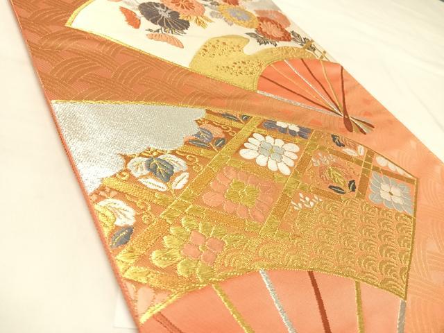 平和屋着物◎西陣　高島織物謹製　六通柄袋帯　唐織　蒔絵扇面　金銀糸　正絹　逸品　未使用　AABM9831yx