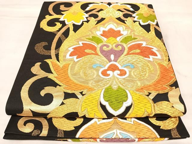 平和屋着物◎六通柄袋帯　唐織　オリエント華文　黒地　金糸　正絹　逸品　AABM9832yx