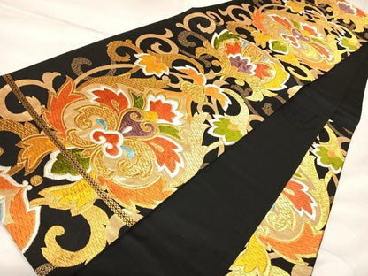 平和屋着物◎六通柄袋帯　唐織　オリエント華文　黒地　金糸　正絹　逸品　AABM9832yx